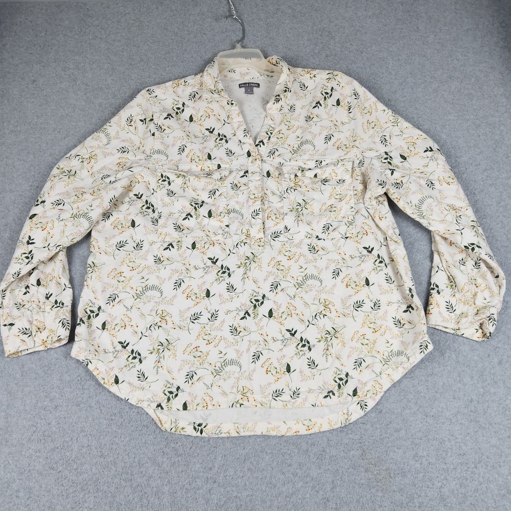 Falls Creek Popover Shirt Womens 1X White Floral Cotton Regular Fit Long Sleeve